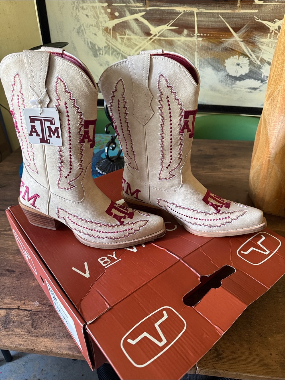 Texas A&M Women's Cream & Maroon Heeled Cowboy Boots